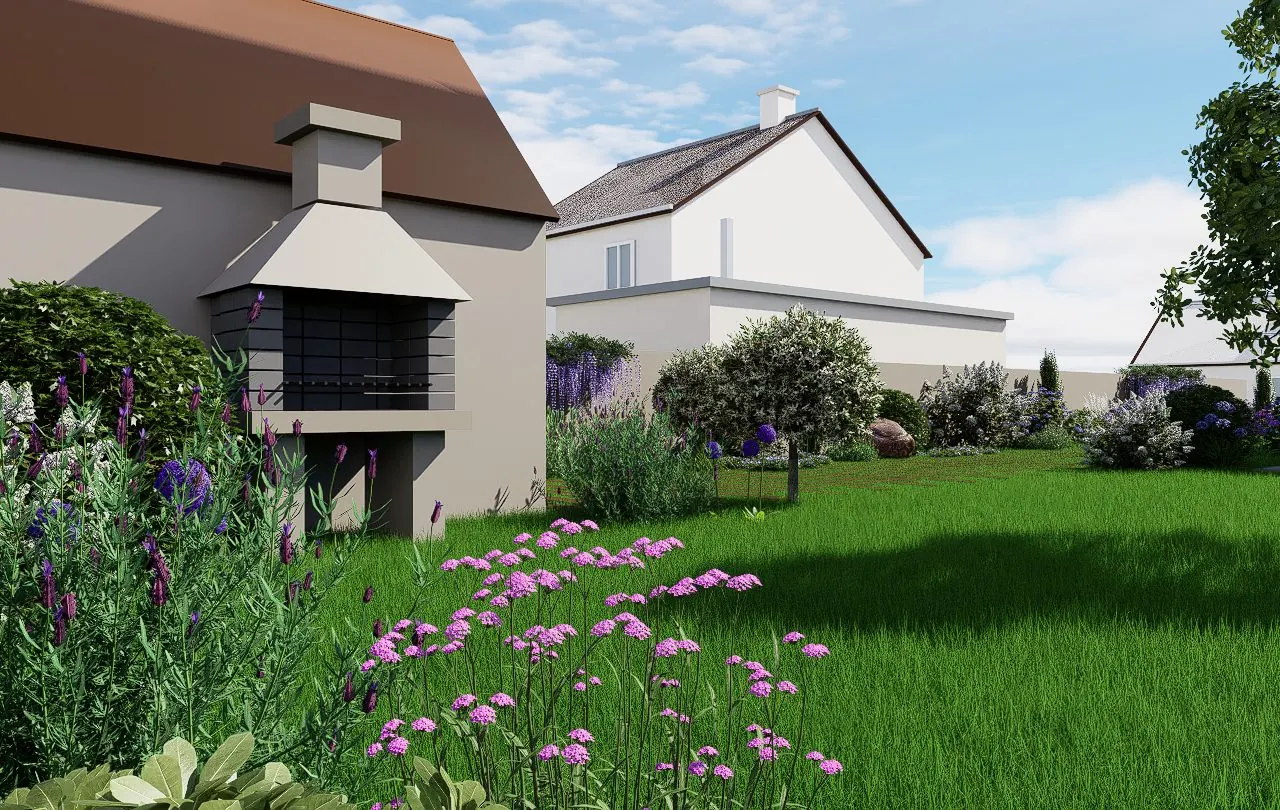 Le jardin du devis en visuel 3D : terrasse, barbecue maçonné, massifs et pelouse
