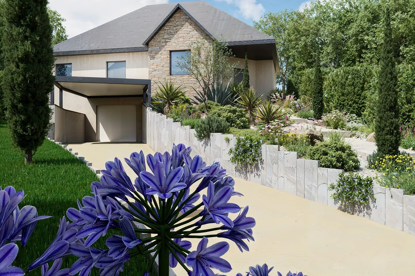 Agapanthes au premier plan, l'allée carrossable et la maison en fond
