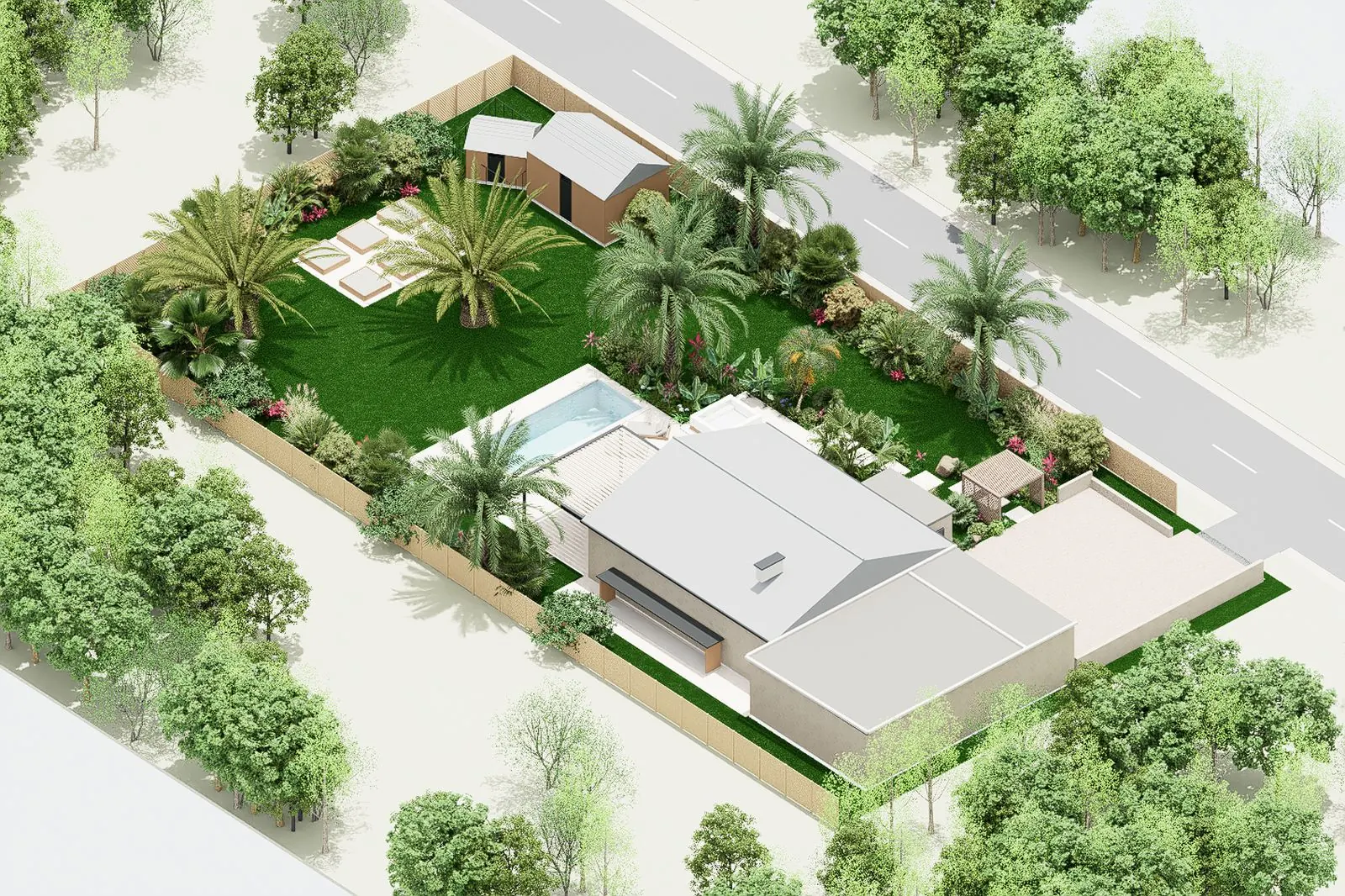 Vue 3D d'un jardin tropical, avec ses éléments numérotés comme sur une notice