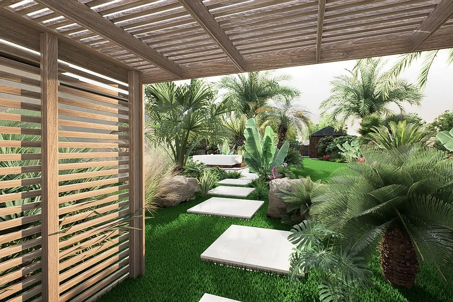 Visuel 3D depuis une pergola en bois sur un jardin tropical