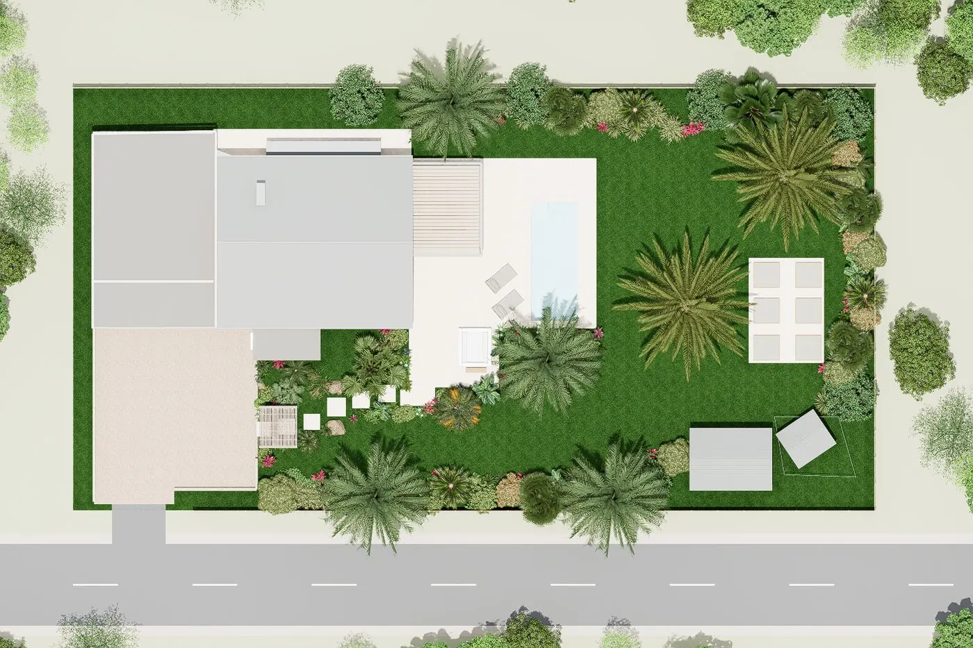 Plan vu du ciel du jardin tropical : maison, piscine, pergola, potager, abri