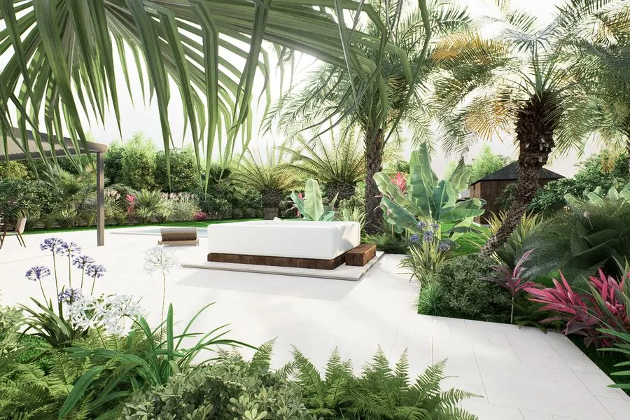 Le coin spa, agapanthes et cordylines