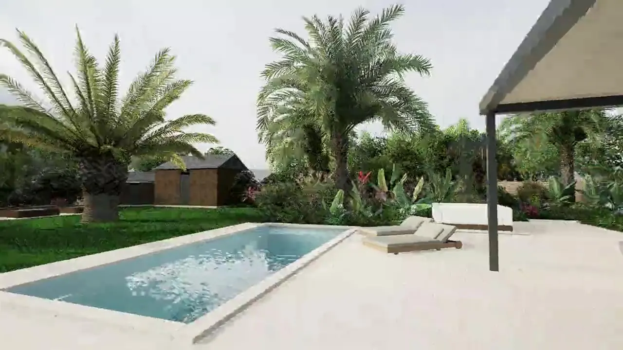 La piscine et sa plage en dallage clair